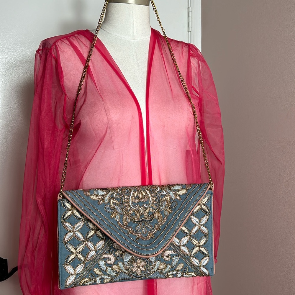 Beaded Floral Golden Clutch Purse with strap
